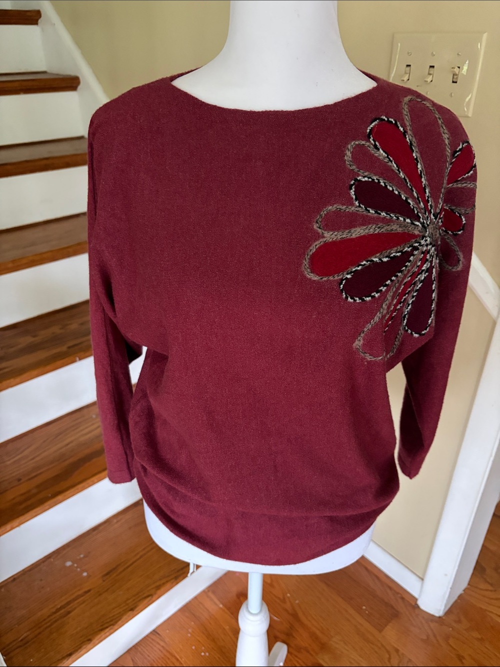 Aaeda Needle Felted Floral Sweater XS Burgundy Embroidered Boho Cottagecore